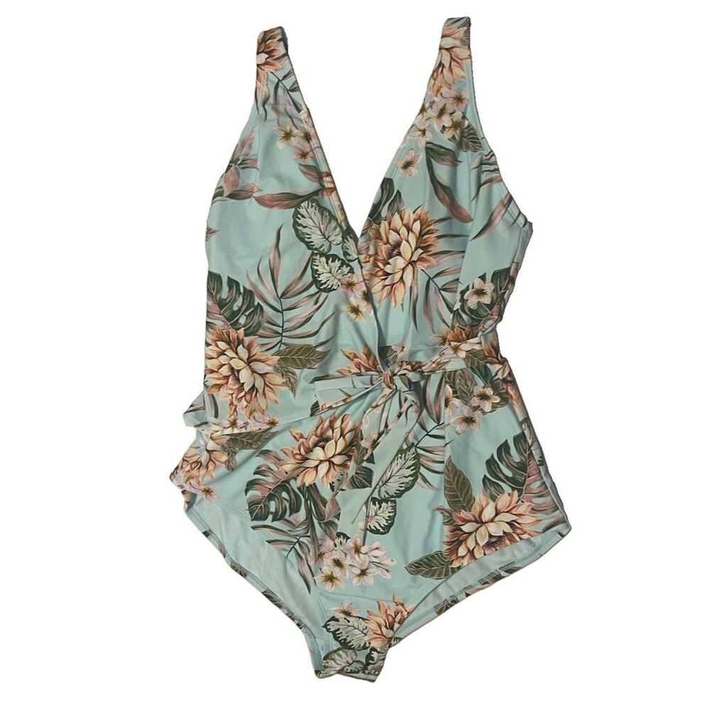 Palisades Beach Club Floral Faux Wrap Tie Front Slimming One Piece Swimsuit XL